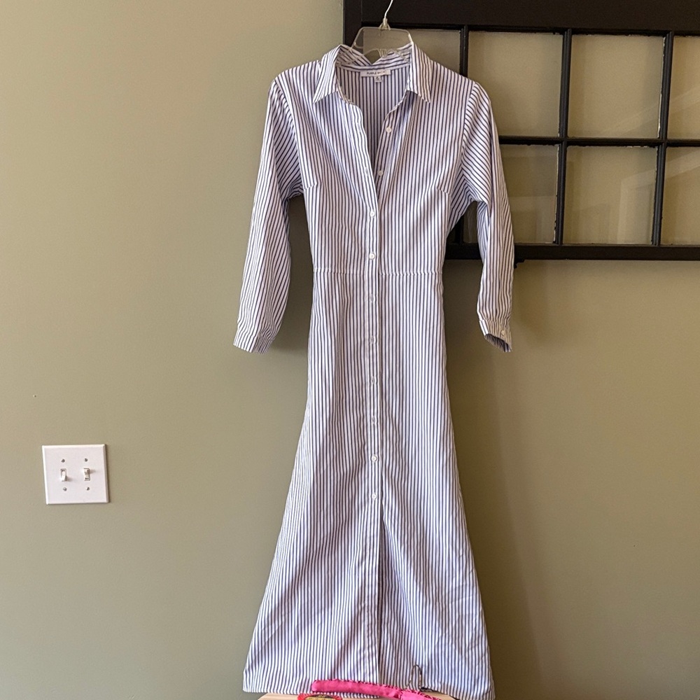 Purple Snow Blue & White Striped Button-Front Long Sleeve Maxi Dress